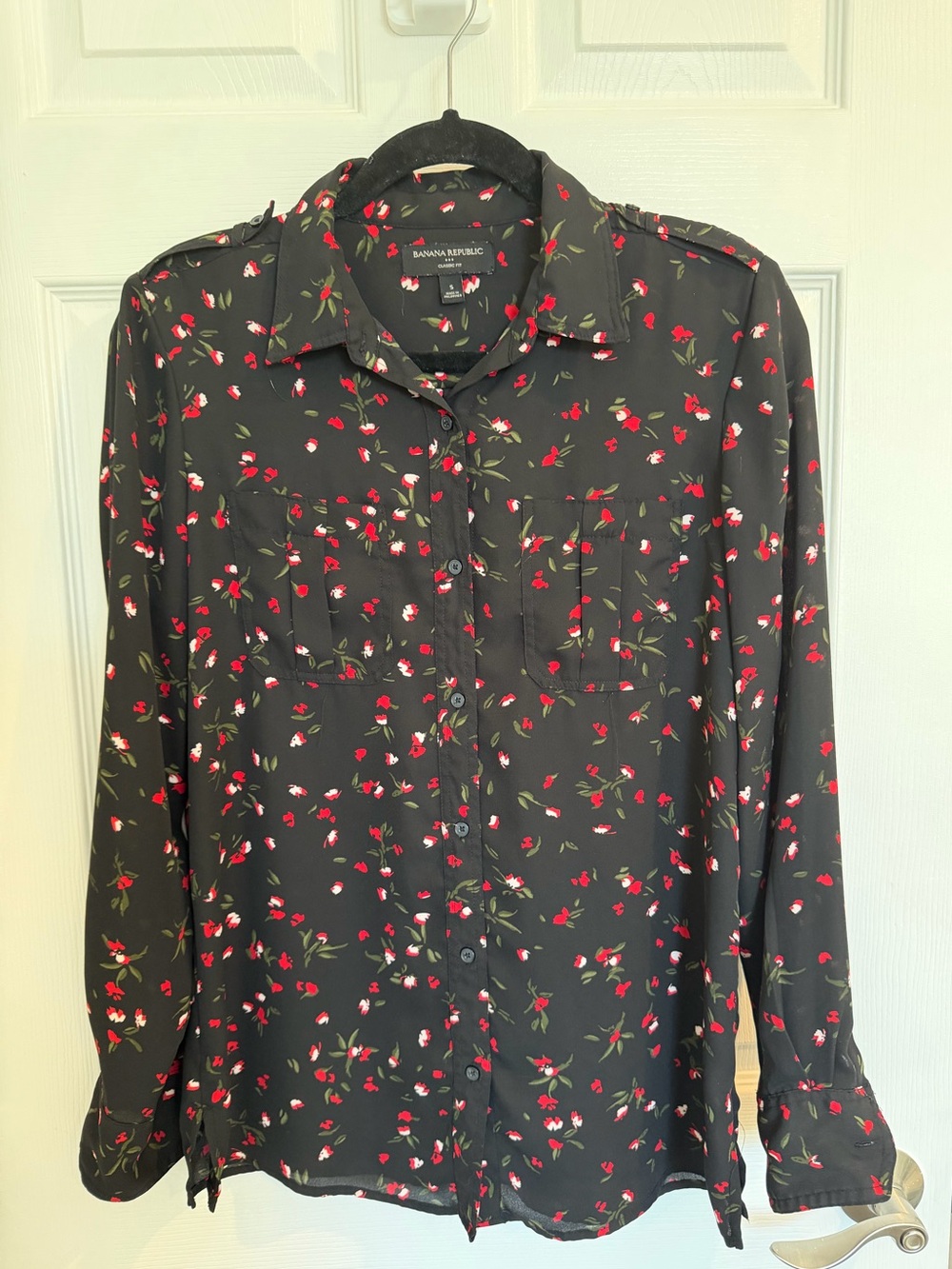 Banana Republic Black Button-Down Shirt with Red Floral Print